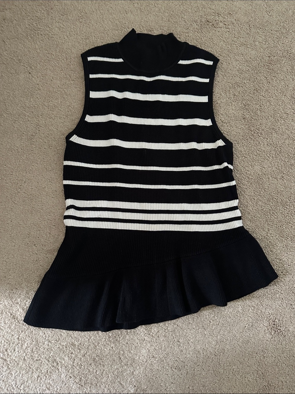Cache Black & White Striped Sleeveless Peplum Tank